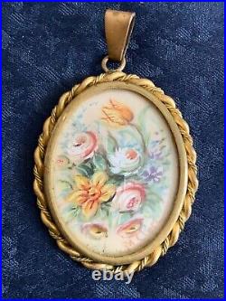 French Antique Victorian Brooch / Pendant- Bunch of flowers Hand painted, signed