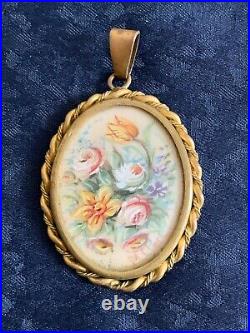 French Antique Victorian Brooch / Pendant- Bunch of flowers Hand painted, signed