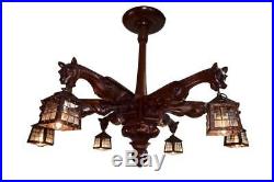 French Victorian Hand Carved Wood Large Chandelier with Six Griffins Lantern