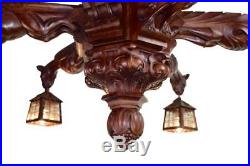 French Victorian Hand Carved Wood Large Chandelier with Six Griffins Lantern