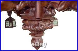 French Victorian Hand Carved Wood Large Chandelier with Six Griffins Lantern