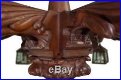 French Victorian Hand Carved Wood Large Chandelier with Six Griffins Lantern