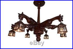 French Victorian Hand Carved Wood Large Chandelier with Six Griffins Lantern