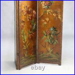French Victorian Hand Painted Floral Oil on Canvas Dressing Screen, circa 1890