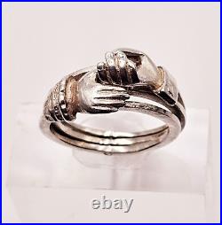French Victorian sterling silver claddagh promise ring with hands holding heart