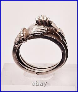 French Victorian sterling silver claddagh promise ring with hands holding heart