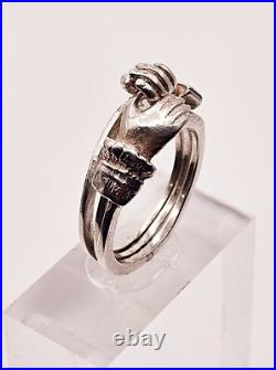 French Victorian sterling silver claddagh promise ring with hands holding heart
