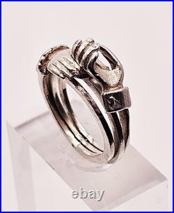 French Victorian sterling silver claddagh promise ring with hands holding heart