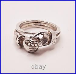 French Victorian sterling silver claddagh promise ring with hands holding heart
