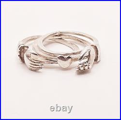 French Victorian sterling silver claddagh promise ring with hands holding heart