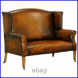 Fully Restored Hand Dyed Cigar Brown Leather Victorian Wingback Bench Sofa Seat