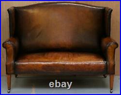 Fully Restored Hand Dyed Cigar Brown Leather Victorian Wingback Bench Sofa Seat