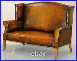 Fully Restored Hand Dyed Cigar Brown Leather Victorian Wingback Bench Sofa Seat