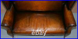 Fully Restored Hand Dyed Cigar Brown Leather Victorian Wingback Bench Sofa Seat