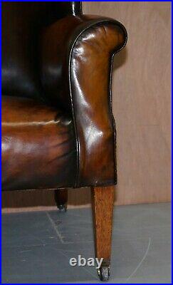 Fully Restored Hand Dyed Cigar Brown Leather Victorian Wingback Bench Sofa Seat