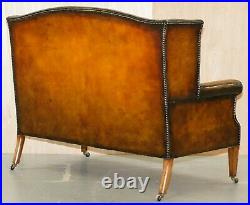 Fully Restored Hand Dyed Cigar Brown Leather Victorian Wingback Bench Sofa Seat