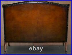 Fully Restored Hand Dyed Cigar Brown Leather Victorian Wingback Bench Sofa Seat