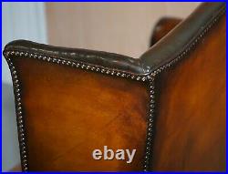 Fully Restored Hand Dyed Cigar Brown Leather Victorian Wingback Bench Sofa Seat