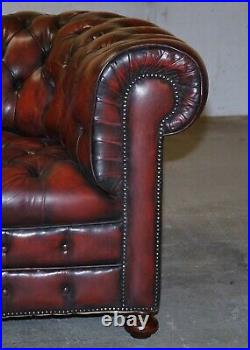 Fully Restored Hand Dyed Oxblood Leather Fully Tufted Chesterfield Buttoned Sofa