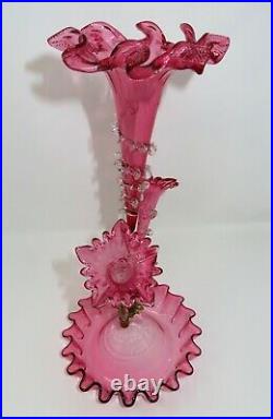 GORGEOUS Antique Hand Blown 1800's Victorian Cranberry 3 Horn Epergne