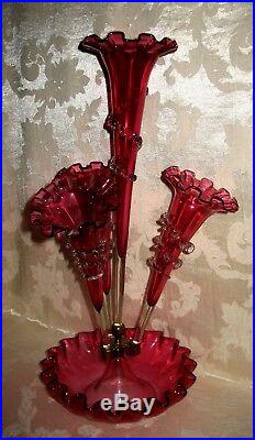 GORGEOUS Antique Hand Blown 1800's Victorian Cranberry Epergne