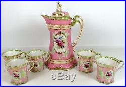 GORGEOUS Antique Limoges Hand Painted Pink Green & Gold Chocolate Pot w 5 Cups