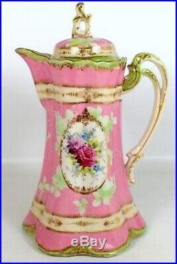 GORGEOUS Antique Limoges Hand Painted Pink Green & Gold Chocolate Pot w 5 Cups