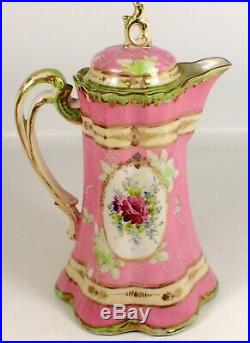 GORGEOUS Antique Limoges Hand Painted Pink Green & Gold Chocolate Pot w 5 Cups