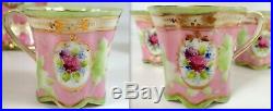 GORGEOUS Antique Limoges Hand Painted Pink Green & Gold Chocolate Pot w 5 Cups