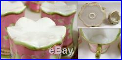 GORGEOUS Antique Limoges Hand Painted Pink Green & Gold Chocolate Pot w 5 Cups