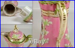 GORGEOUS Antique Limoges Hand Painted Pink Green & Gold Chocolate Pot w 5 Cups