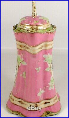 GORGEOUS Antique Limoges Hand Painted Pink Green & Gold Chocolate Pot w 5 Cups