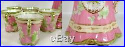 GORGEOUS Antique Limoges Hand Painted Pink Green & Gold Chocolate Pot w 5 Cups