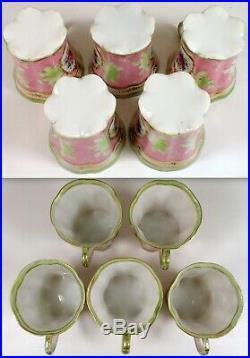 GORGEOUS Antique Limoges Hand Painted Pink Green & Gold Chocolate Pot w 5 Cups