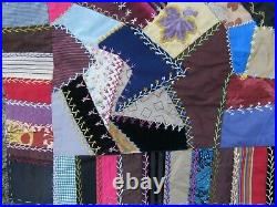 GORGEOUS, RARE, PERFECT 1890 ANTIQUE VICTORIAN CRAZY QUILT TOP, Hand Embroidery