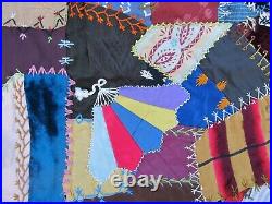 GORGEOUS, RARE, PERFECT 1890 ANTIQUE VICTORIAN CRAZY QUILT TOP, Hand Embroidery
