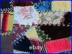 GORGEOUS, RARE, PERFECT 1890 ANTIQUE VICTORIAN CRAZY QUILT TOP, Hand Embroidery