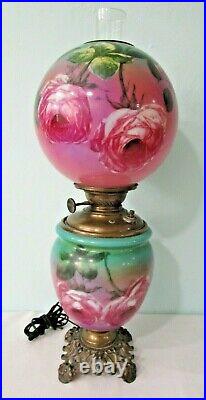 GWTW Antique Parlor Lamp PLB&G Co. Success Hand Painted Roses Pink Teal Electric