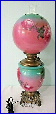 GWTW Antique Parlor Lamp PLB&G Co. Success Hand Painted Roses Pink Teal Electric