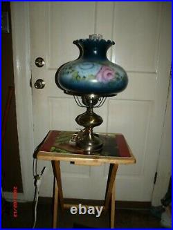 GWTW Hand Painted Pink and Blue Roses Hurricane Lamp