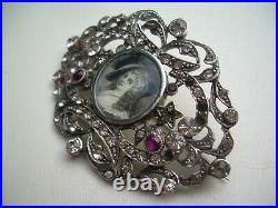 Georgian/Victorian Large Silver & Old Cut Paste Hand Painted Miniature Brooch