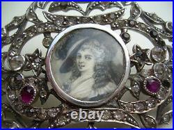 Georgian/Victorian Large Silver & Old Cut Paste Hand Painted Miniature Brooch