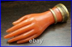 Gorgeous Large Antique 19th Cent. European Brass & Red Coral Hand Brooch