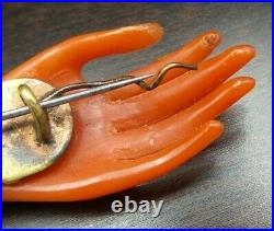 Gorgeous Large Antique 19th Cent. European Brass & Red Coral Hand Brooch
