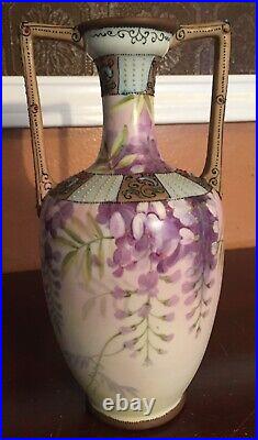 Gorgeous Nippon 9 Wisteria Moriage Decorations Two Handles Vase Mark#47