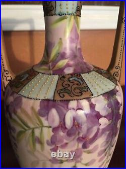 Gorgeous Nippon 9 Wisteria Moriage Decorations Two Handles Vase Mark#47