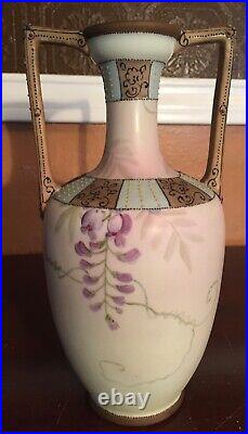 Gorgeous Nippon 9 Wisteria Moriage Decorations Two Handles Vase Mark#47