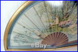 Guilt Framed Antique Painted Hand Fan Victorian C 19th E20th