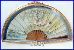 Guilt Framed Antique Painted Hand Fan Victorian C 19th E20th