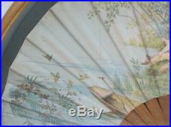 Guilt Framed Antique Painted Hand Fan Victorian C 19th E20th